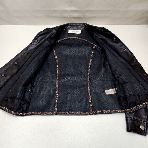 Paris Blue Faux Leather Jacket Small (3-5) Snap Buttons Leopard Trim Detail VGC - Picture 5 of 14
